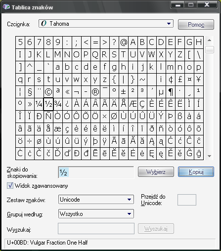 Mapa znaków z MS Windows